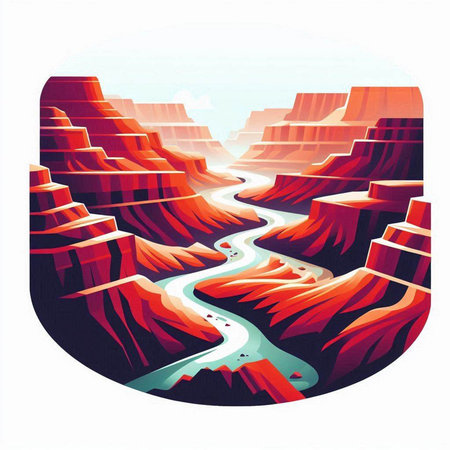 Vector illustration of a mountain landscape with a river and a valley.のイラスト素材