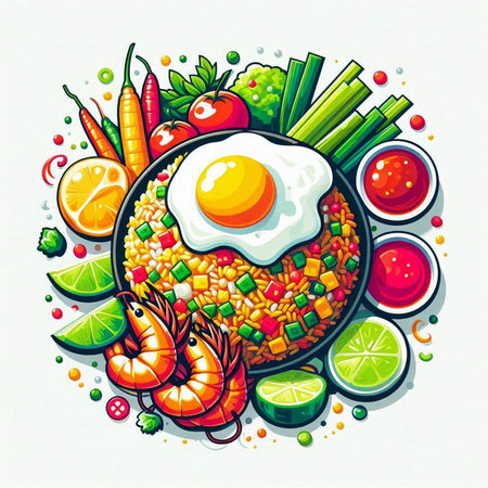 Fried rice with vegetables and fried egg on white background, illustrationのイラスト素材