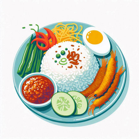Illustration of a plate with rice, shrimp, egg and vegetablesのイラスト素材