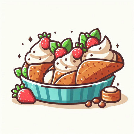 Illustration of a bowl of ice cream with strawberries and whipped creamのイラスト素材
