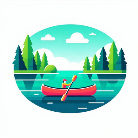 Kayak on the lake in the forest. Vector illustration in flat styleのイラスト素材