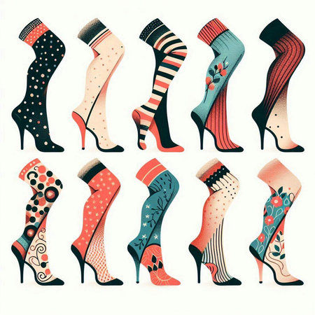 Set of women's socks with different patterns. Vector illustration in retro style.のイラスト素材
