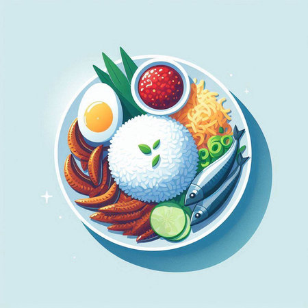 japanese food, rice with fish and vegetables, vector illustrationのイラスト素材