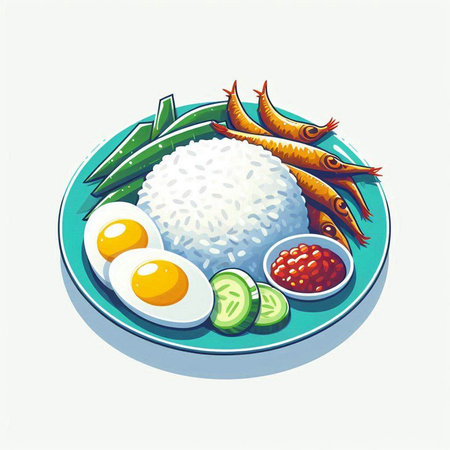 Illustration of a plate of rice, shrimp, egg and vegetablesのイラスト素材