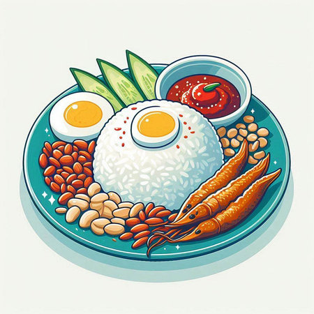 japanese food illustration with rice, fried egg and soy sauceのイラスト素材