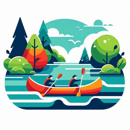 Kayaking on the river. Vector illustration in flat cartoon style.のイラスト素材