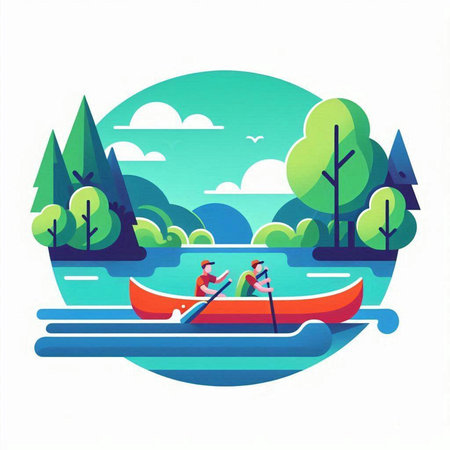 Man and woman in a canoe on the lake. Vector illustration.のイラスト素材