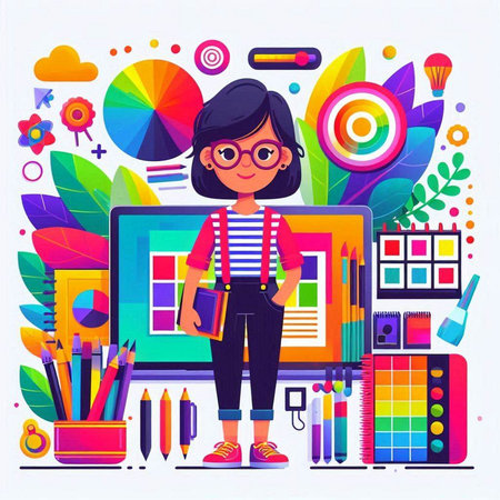 Vector illustration of schoolgirl with school supplies. Back to school concept.のイラスト素材