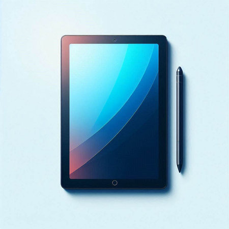 Tablet computer with pen on blue background. 3d illustration.のイラスト素材