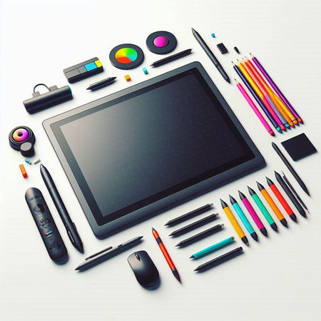 Top view of tablet computer with office supplies on white background. Vector illustrationのイラスト素材
