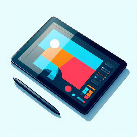 Tablet PC and Pen on Blue Background. Vector Illustration.のイラスト素材
