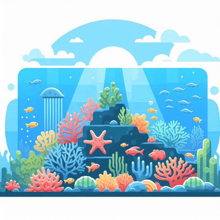 Underwater landscape with colorful corals and fishes. Vector illustration.のイラスト素材