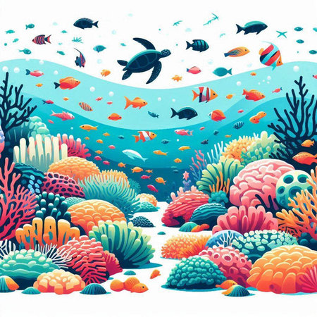 Underwater world with corals and tropical fish. Vector illustration.のイラスト素材