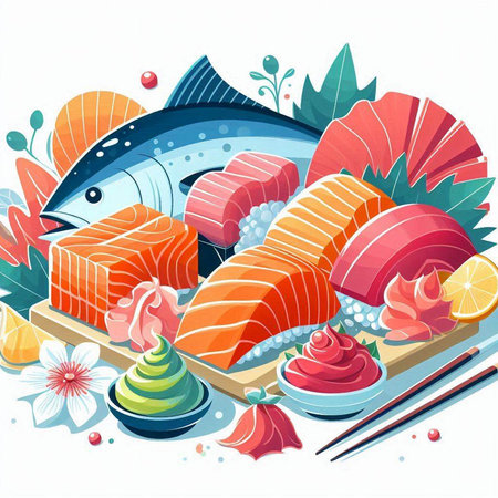 Illustration of Japanese food with fish, wasabi and ice creamのイラスト素材