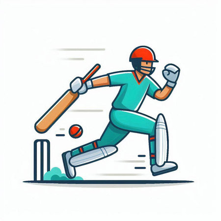 Cricket player in action, cartoon vector illustration isolated on white.のイラスト素材