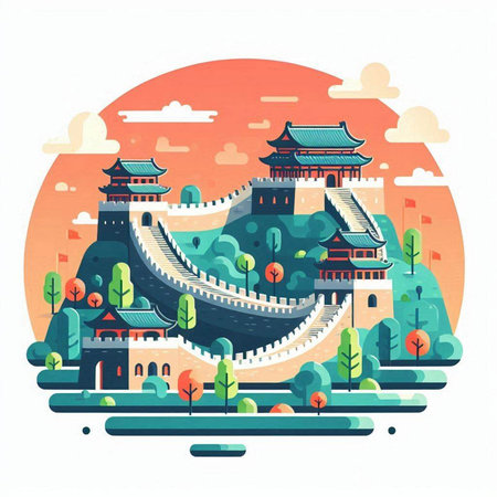 Landscape of the ancient Chinese city in flat style. Vector illustrationのイラスト素材