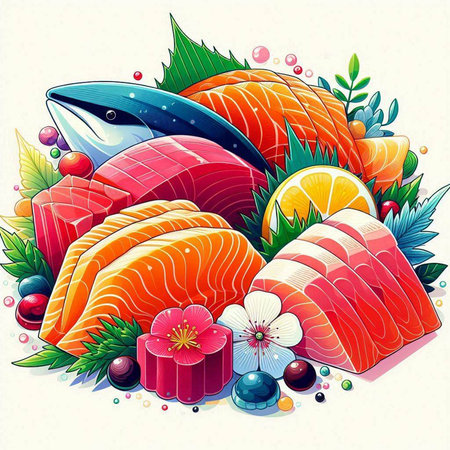 Illustration of fresh salmon, tuna, caviar, caviar and seaweedのイラスト素材