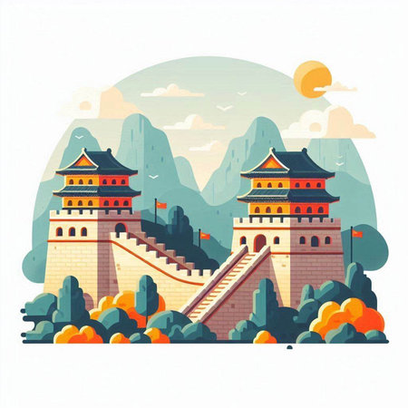 Landscape of the ancient Chinese city. Colorful vector illustration.のイラスト素材
