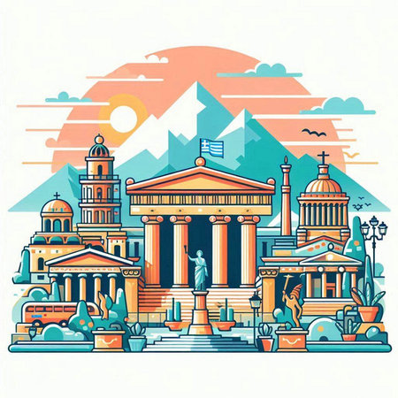 Vector illustration of famous landmarks in Athens, Greece. Colorful linear art.のイラスト素材