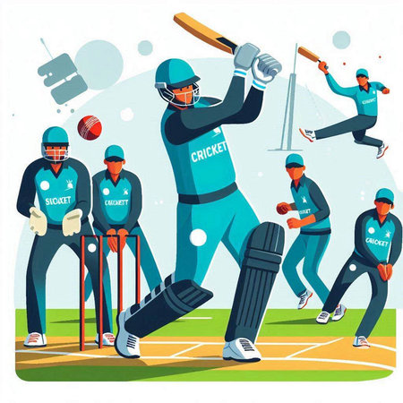 Cricket players in action with bats and balls vector illustration.のイラスト素材