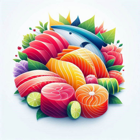 japanese food, sashimi, fish and vegetables vector illustrationのイラスト素材