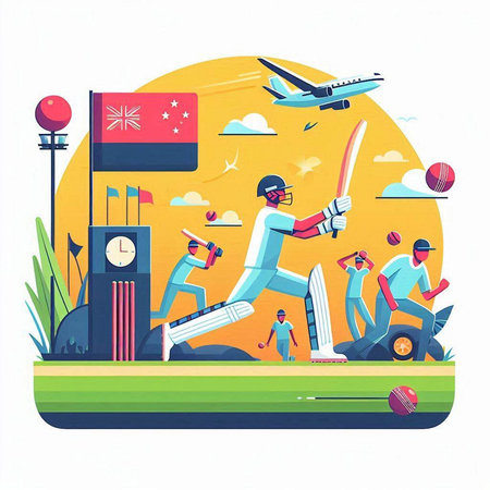Cricket player playing cricket on green field. Vector illustration.のイラスト素材