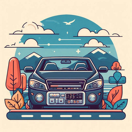 Vector illustration of a car on the road with mountains and trees.のイラスト素材