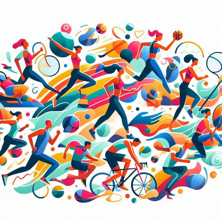Sport background with silhouettes of tennis players and cyclists. Vector illustration.のイラスト素材