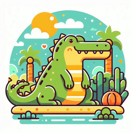 Crocodile in the jungle. Colorful flat vector illustration.のイラスト素材