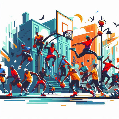 Illustration of people playing basketball in the street. Vector illustration.のイラスト素材