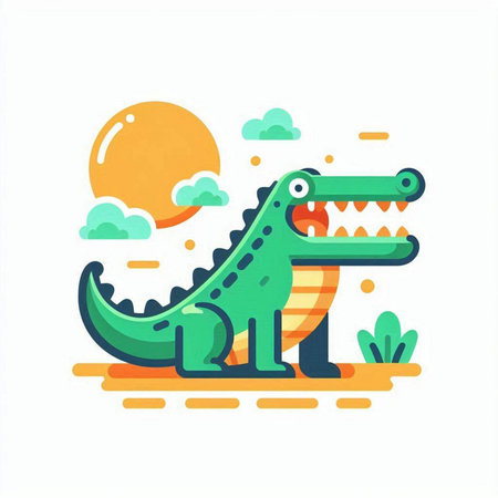 Crocodile flat color vector icon. Cute cartoon crocodile character.のイラスト素材