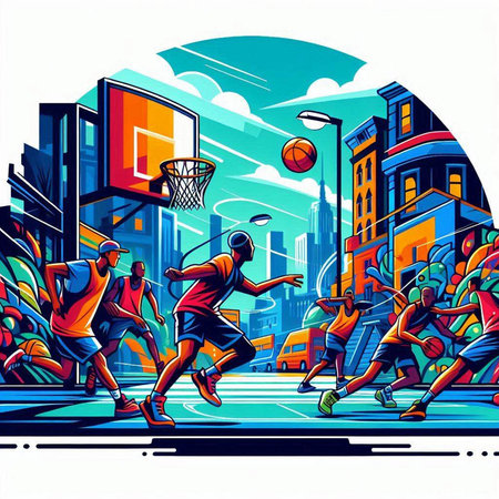 Basketball players in the city street. Vector illustration in retro style.のイラスト素材