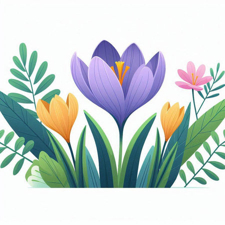 Spring background with crocus flowers and green leaves. Vector illustration.のイラスト素材