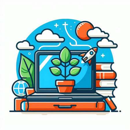 Laptop with plant, rocket and books. Flat vector illustration.のイラスト素材