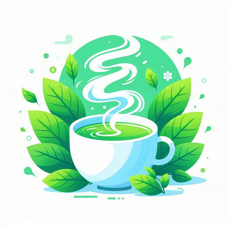 Cup of green tea with leaves. Vector illustration in flat style.のイラスト素材