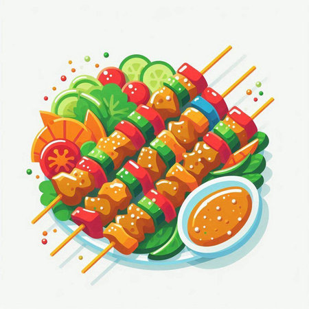 Shish kebab on skewers with vegetables. Vector illustration.のイラスト素材