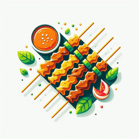 Illustration of Grilled Pork Satay with Sauce and Green Leaves on White Backgroundのイラスト素材