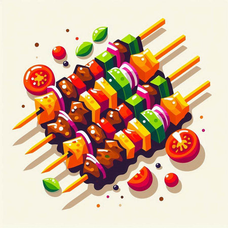 Shish kebab on skewers with vegetables. Vector illustration.のイラスト素材