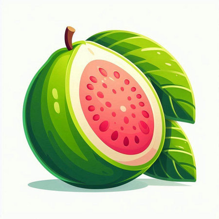 Fresh guava fruit with leaves isolated on white background. Vector illustration.のイラスト素材