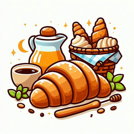 Bakery products. Vector illustration of croissant, buns, wicker basket, coffee and teapot.のイラスト素材