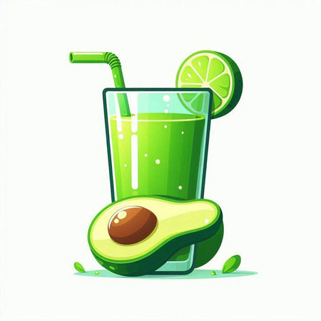 Avocado juice in glass with straw and lime. Vector illustration.のイラスト素材