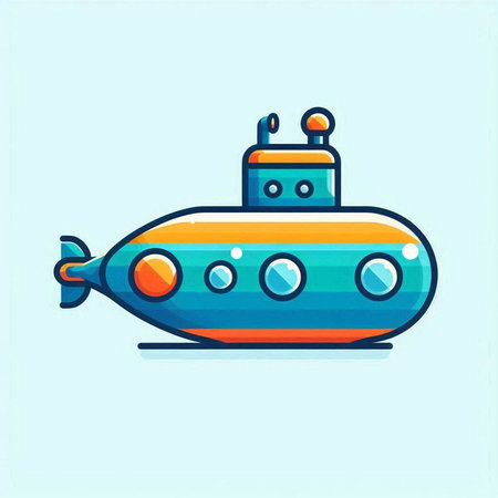 Cartoon submarine vector illustration isolated on blue background. Submarine icon.のイラスト素材