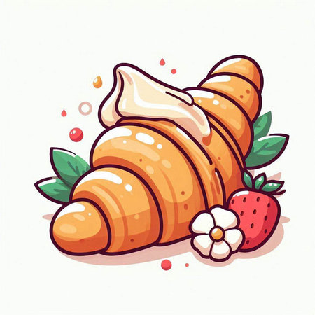 Croissant with cream, strawberry and flower. Vector illustration.のイラスト素材