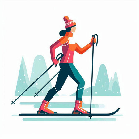 Young woman skiing in the mountains. Winter sport. Flat vector illustration.のイラスト素材