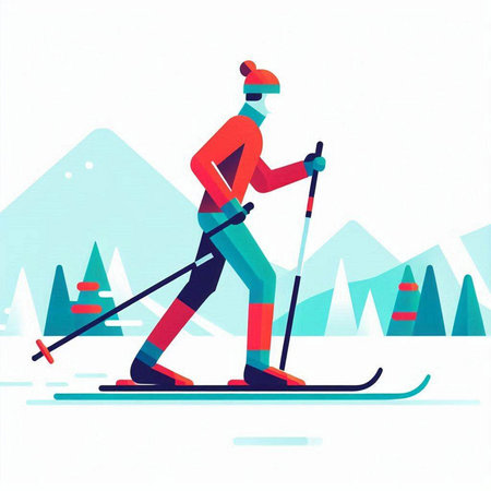 Cross-country skiing. Man skiing. Skiing in the mountains. Vector illustration.のイラスト素材