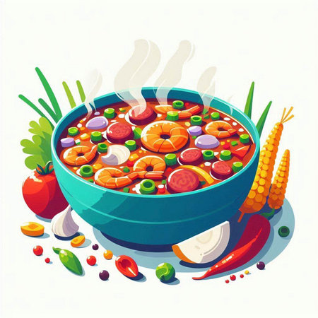 Vector illustration of a bowl of soup with shrimps and vegetablesのイラスト素材