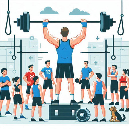 Weightlifter with dumbbells in gym. Vector illustration.のイラスト素材
