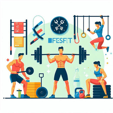 Fitness club concept with people doing exercises on gym equipment flat vector illustrationのイラスト素材