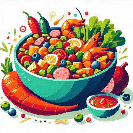 Vegetable salad with shrimp, tomato, cucumber and olives. Vector illustration.のイラスト素材
