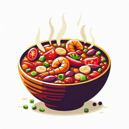 Illustration of a bowl of spicy hot chili soup with sausagesのイラスト素材